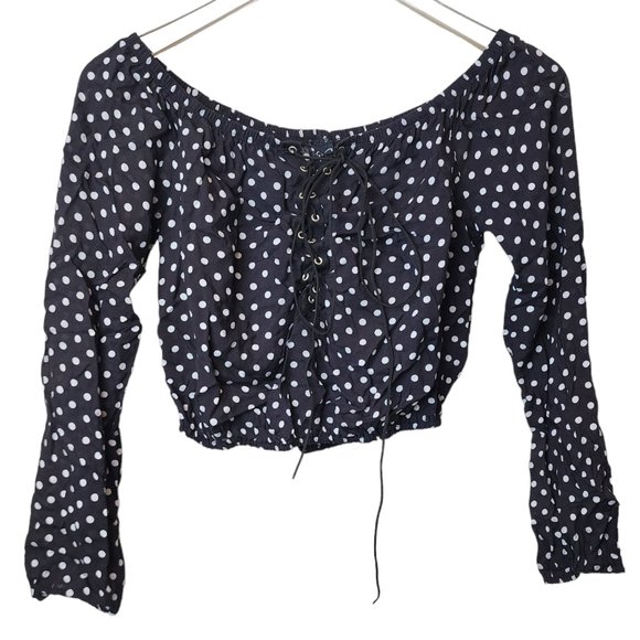 Windsor Lace Up Polka Dot Crop Top - Black/White, Small - Picture 1 of 10